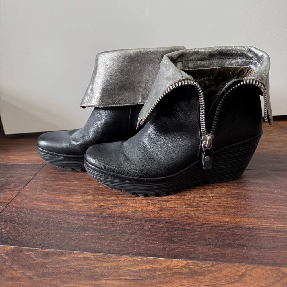 Fly London Stylish Black and Silver Women's Wedge Ankle Boots